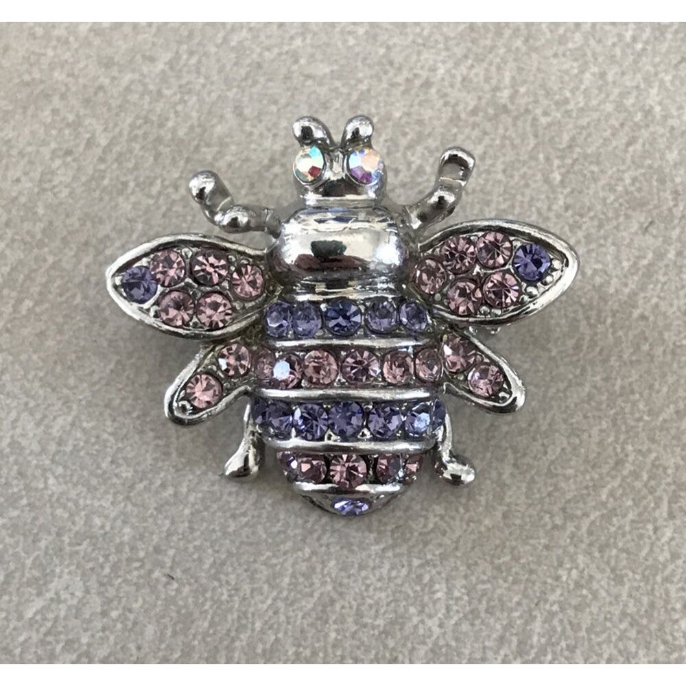 Silvertone Rhinestone Crystal Bejeweled Gemstone Pink Purple Bee Pin Brooch